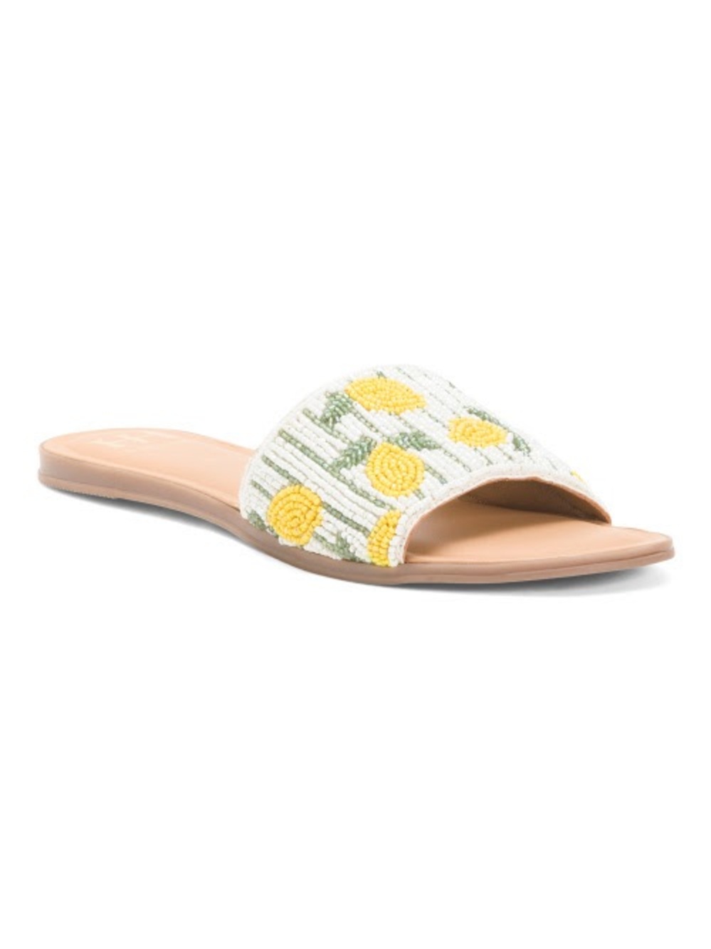 Haute Hippie White Beaded Slide Sandal with Yellow Lemon Detail